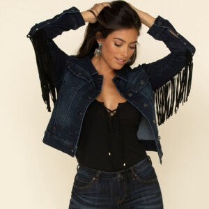 Idyllwind blue jean jacket black fringe back button front studded women's small